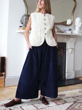 CAWLEY STUDIO May Trousers Corduroy Wide Leg Palazzo Crop Navy size S Lagenlook